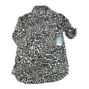 Violet Sky Leopard Print Roll Tab Sleeve Button Down Shirt Womens 1X New